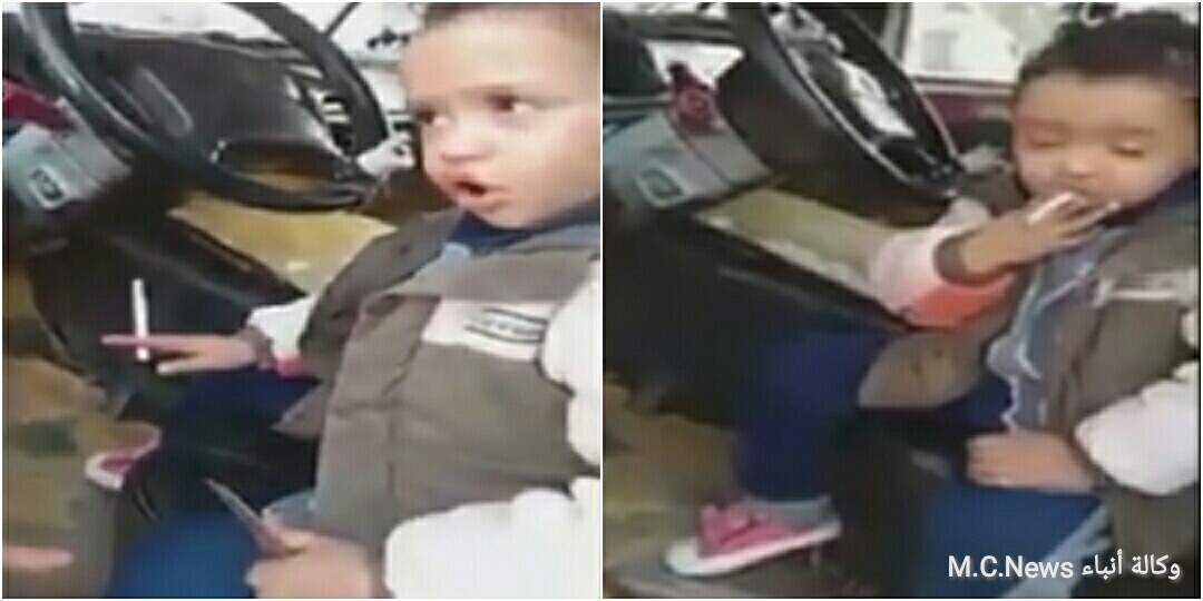الأب يصور أبنه البالغ 4 سنوات وهو يدخن سيجارة ويحمل سلاح أبيض داخل ميكروباص  (فيديو)